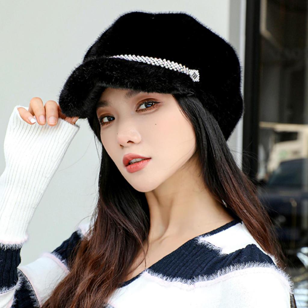 Luxury Faux Mink Fur Beret with Visor for Women, Winter Double Warmth Cotton Lined Hat, Stylish Outdoor Peaked Beret