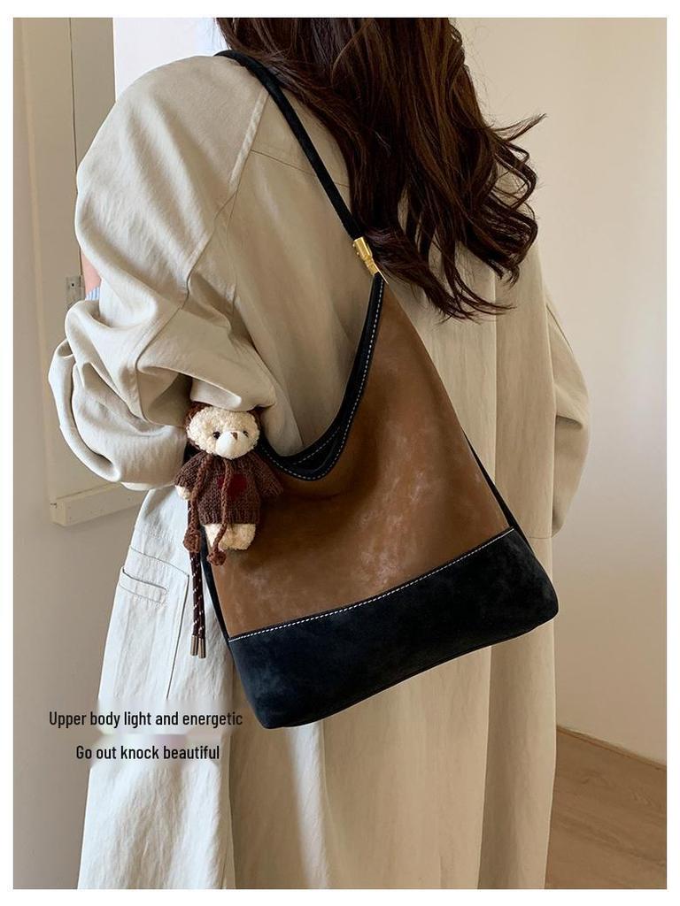 Dam Retro Frostad Mocka Hinkväska - Koreansk Stil Färgblock, Enkel Pendling, 2025 High-End Enkel Axelväska.