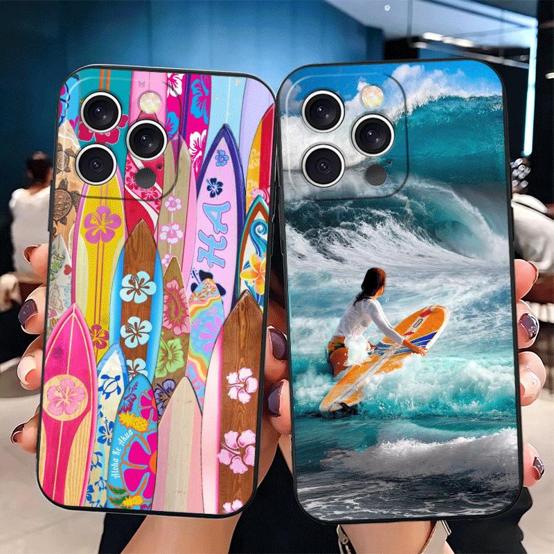 Surfboard Surfing Surf Summer Soft Phone Case for iPhone 16 16E 17 Air 15 Pro Max 14 Plus 13 Mini 11 12 7 Black Cover Back Shell