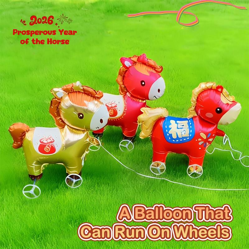 2026 Cartoon Animal Theme 3D Standing Cute Horse Aluminum Film Balloon With Wheels Children Birthday Party Photo Prop Decoration