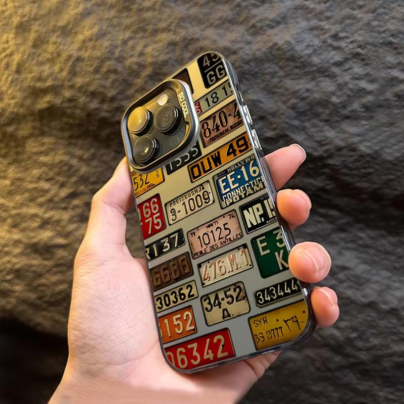 Motif Plaque d'immatriculation de voiture vintage Argent électroplaqué Coque de téléphone IMD Pour iPhone 11 12 13 14 15 16 Pro Max 7 8 Plus X XS XR Housse