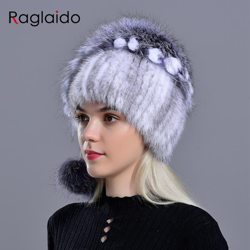 Winter Hat Mink Women Knitted Fox Fur Pompom Warm Cap Floral Fashionable Fluffy Elegant Female Genuine Natural Fur Hats Caps