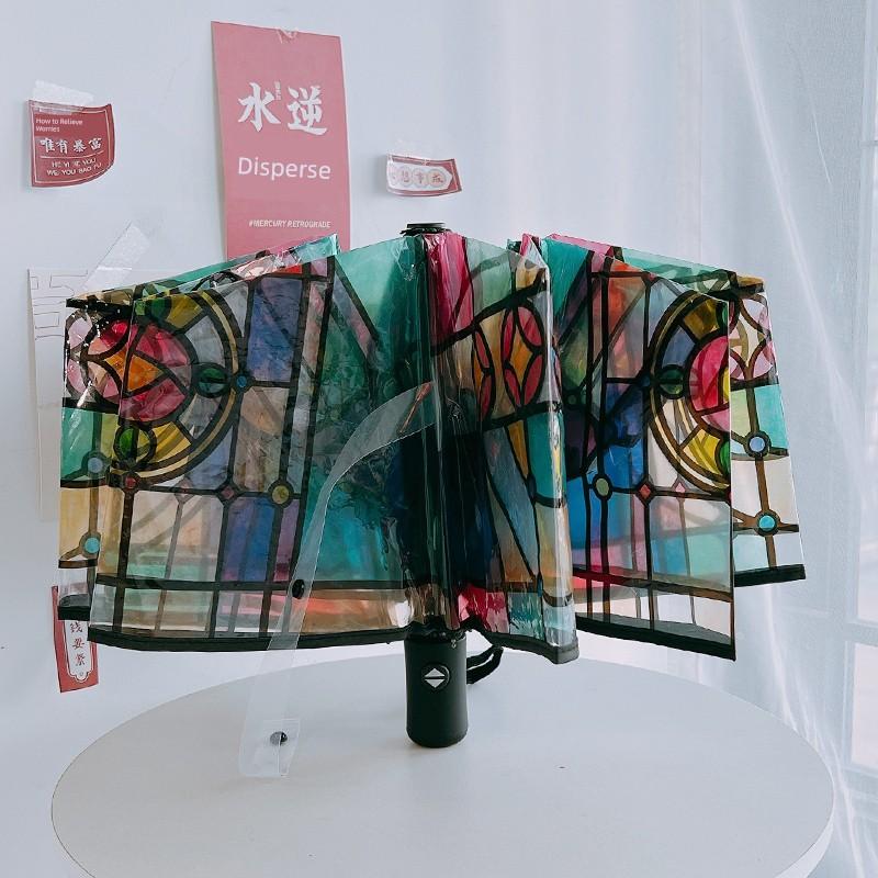 Transparent Glass Painted Umbrella 70% off Automatic Trendy Straight-Handle Umbrella Cute Folding Umbrella for Children and Adults Hepburn Style