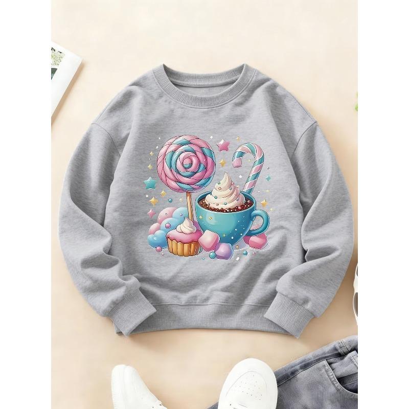 Kids Crewneck Sweatshirt, Healing Candy Coffee Dessert & Hearts Print Top for Autumn Winter