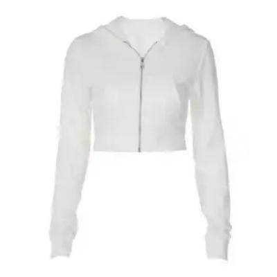 Sweat à capuche zippé court blanc pour femme Coupe ajustée Manches longues Veste décontractée