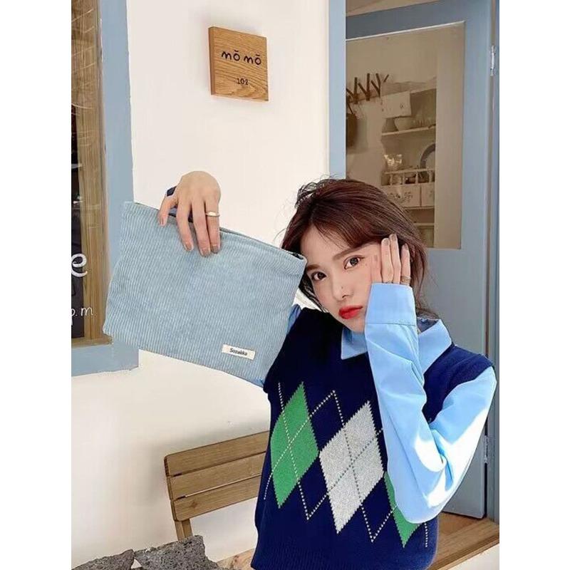 Large Capacity Corduroy Cosmetic Bag Raspberry Pink, Multiple Purpose Storage Bag