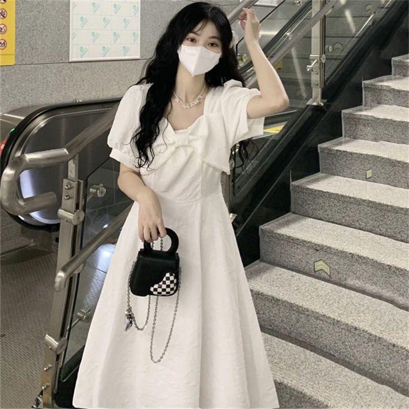 French Sweet First Love Dress Bow Square Collar Waist Thin Dress Female Student Korean Version Medium and Long A-shaped Skirt
