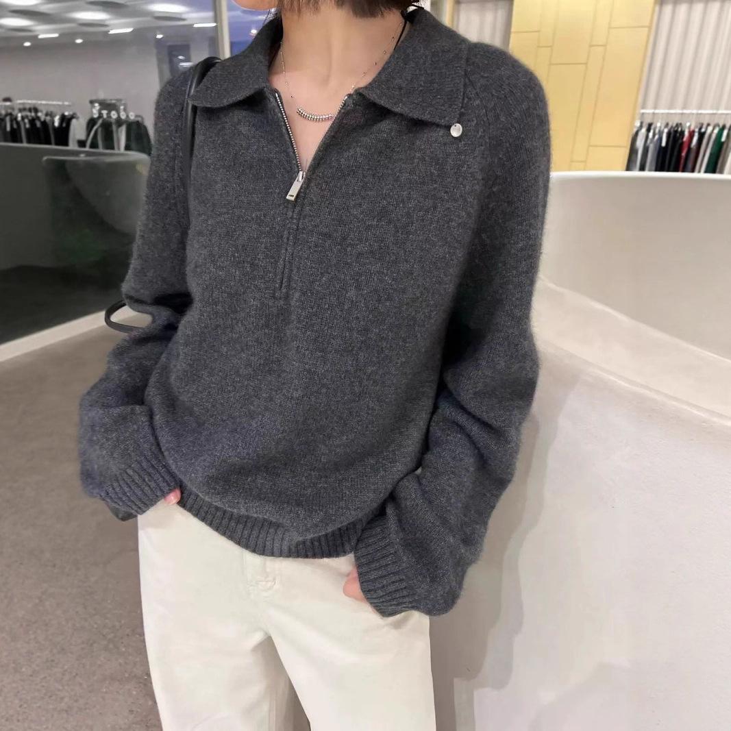 

Fall Winter Pullover Women Button Turn Down Collar Long Sleeve Half Zip Knit Sweater One Size
