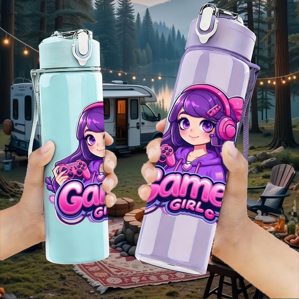 1PC Purple Hair Gamer Girl Cartoon 750ml Color Plastic Sports Water Bottle Leakproof Flip Straw Lid Suitable for Sports Office Home Use