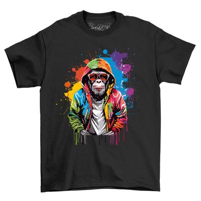 Motorcykel Färgstänk Design t-shirt med en Schimpans i en Huvtröja - Rolig och Wi