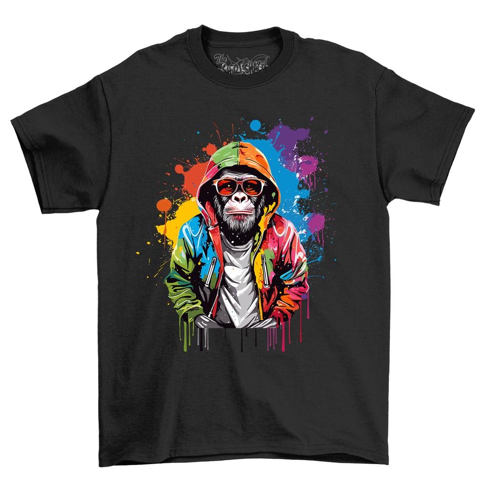 Motorbike Paint Drip Design T-shirt with a Chimpanzee In a Hoodie - Funny and Wi