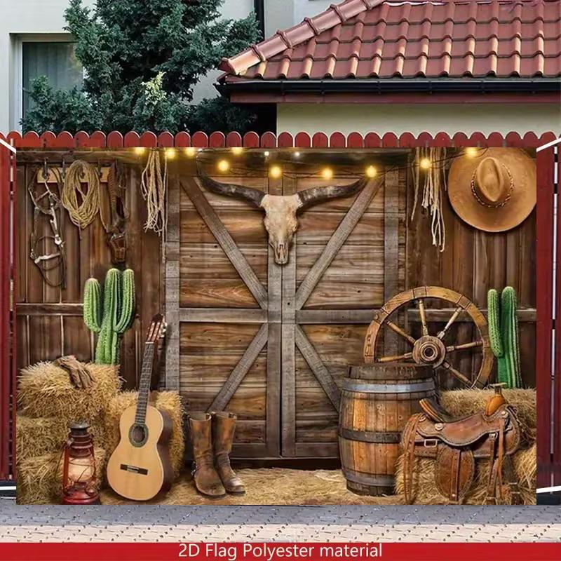 

2D Wild West Farmhouse Tapestry, Rustic Cowboy Scene with Cactus and Saddle Wall Decor 47.2x31.5inch/120*80cm