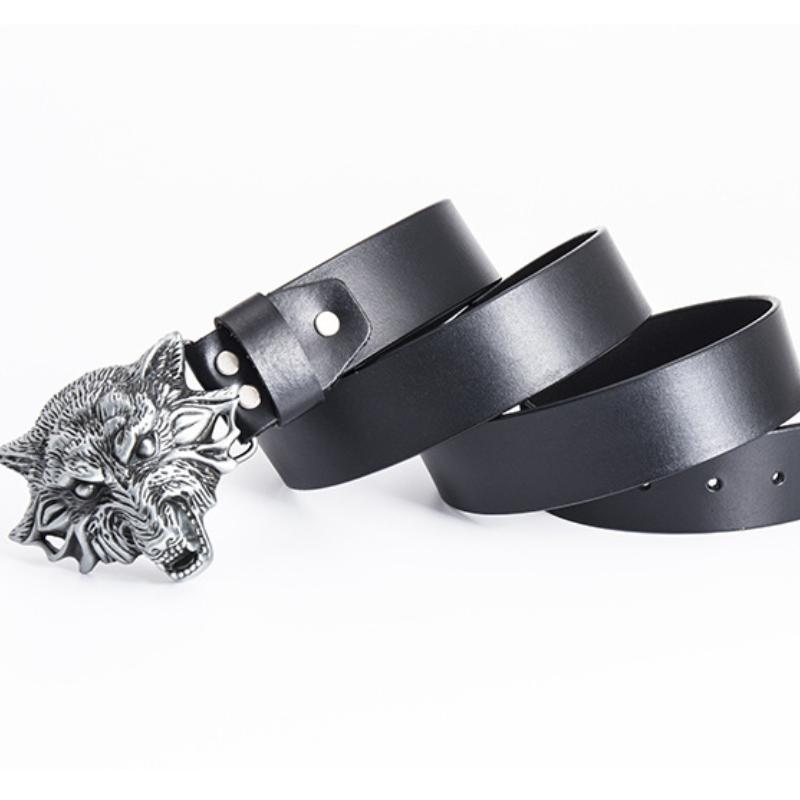 Men's Cowhide Smooth Buckle Belt Domineering Wolf Head Belt Spirit Guy Jeans Belt
