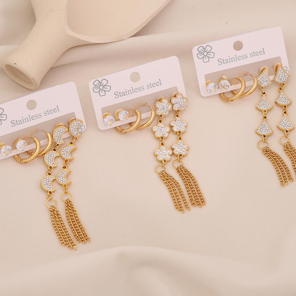 3 Pairs Flower Tassel Stud Earrings, Satisfy Drop Moon Stainless Steel Earrings, Versatile Ear Jewelry