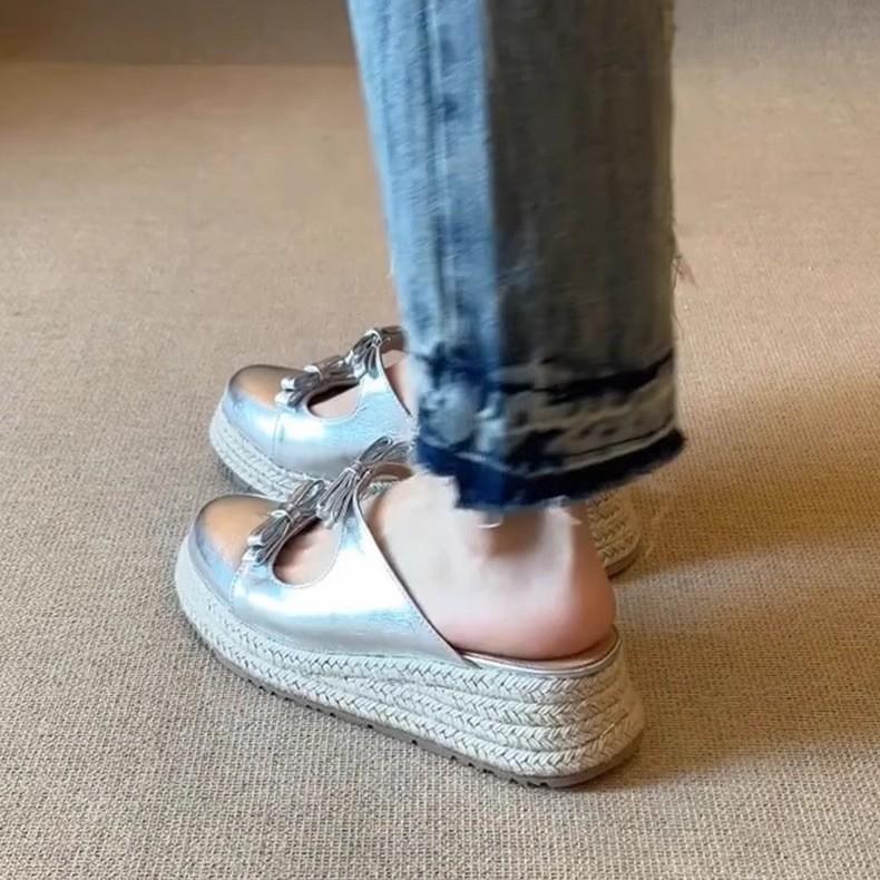 Sheepskin Version~ Retro Thick-bottomed Muffin Bag Head Bow Cool Slippers 2025 Summer New Wear Half Slippers Women