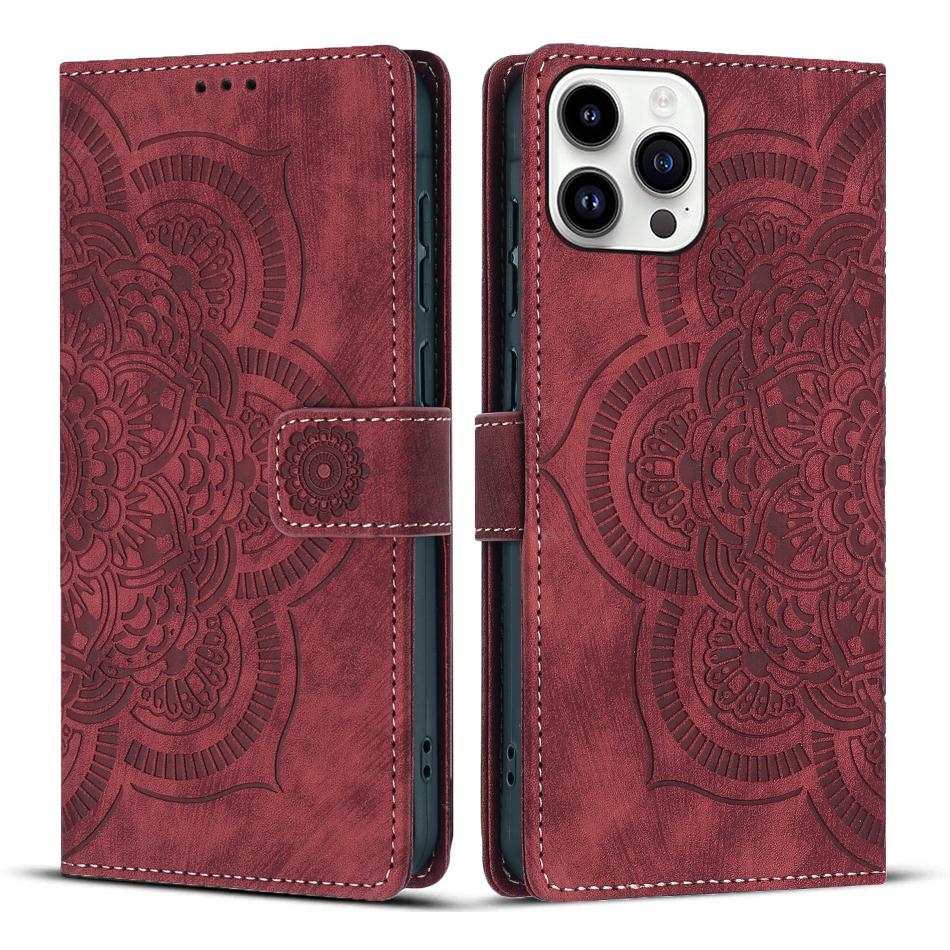 

For iPhone 14 Pro Leather Case WANLONFENG HDM Series Mandala Imprint Wallet Stand Phone Cover Wine Red