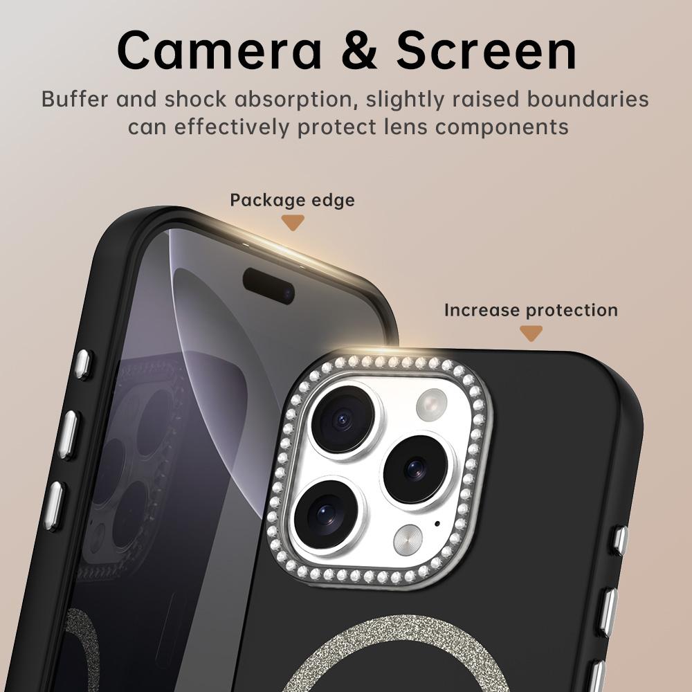 For iPhone 16 Pro Case Compatible with MagSafe TPU+PET Phone Cover with Rhinestone Decor Lens Frame