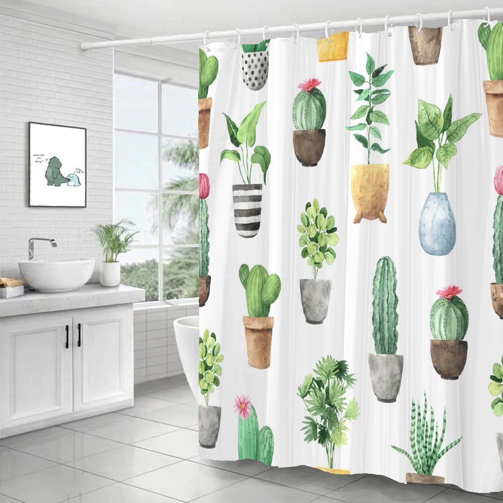 Small Fresh Plant Cactus Leaves Print Shower Curtain Polyester Fabric Bath Curtain With Hooks Curtains For Bathroom Decoration