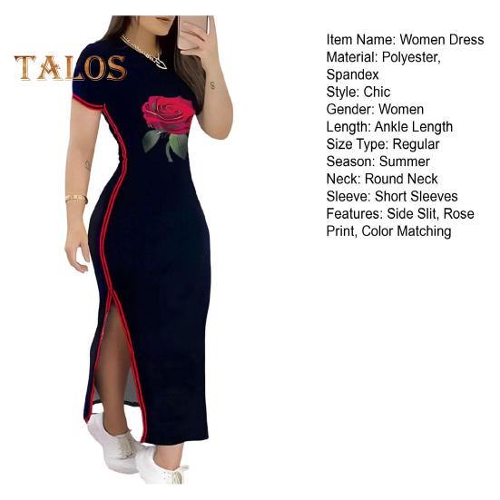 Damenkleid mit Seitenschlitz, Rosendruck, farblich abgestimmt, gestreift, schmale Passform, Rundhalsausschnitt, kurze Ärmel, Knöchellänge, Maxikleid für den Alltag