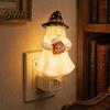 Halloween Party Lighting Pumpkin Ghost Night Light with Witch Hat Resin Soft Glow Plug-in LED Bedroom Light Spooky Wall Sconce for Home Decorative