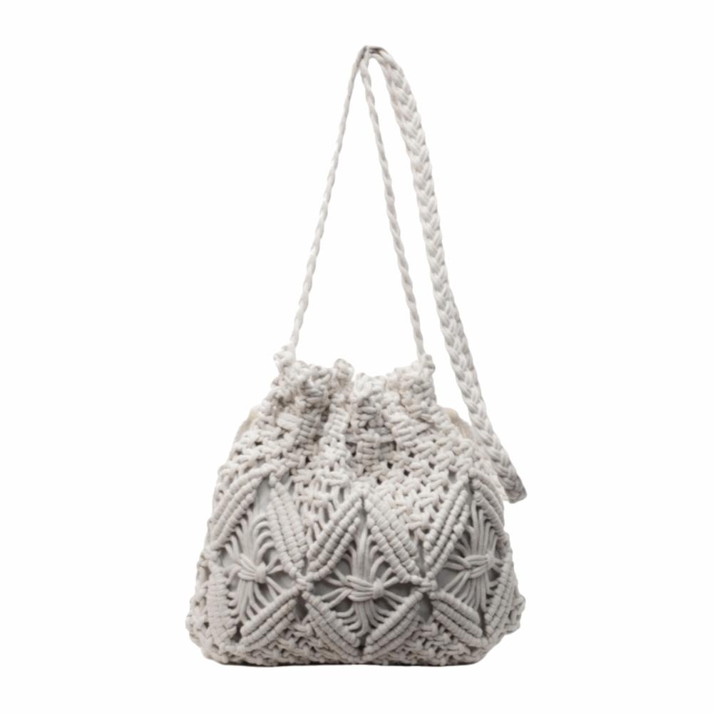 Hollow Out Bucket Handbag Natural Straw Drawstring Crossbody Bag Woven Beach Bag  Casual Use белый