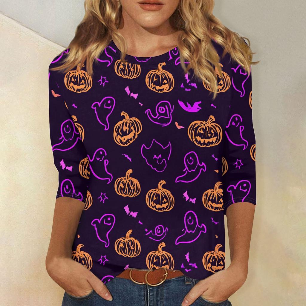 Women's Fashion Casual Three-quarter Sleeve Halloween Printed Round Neck Top