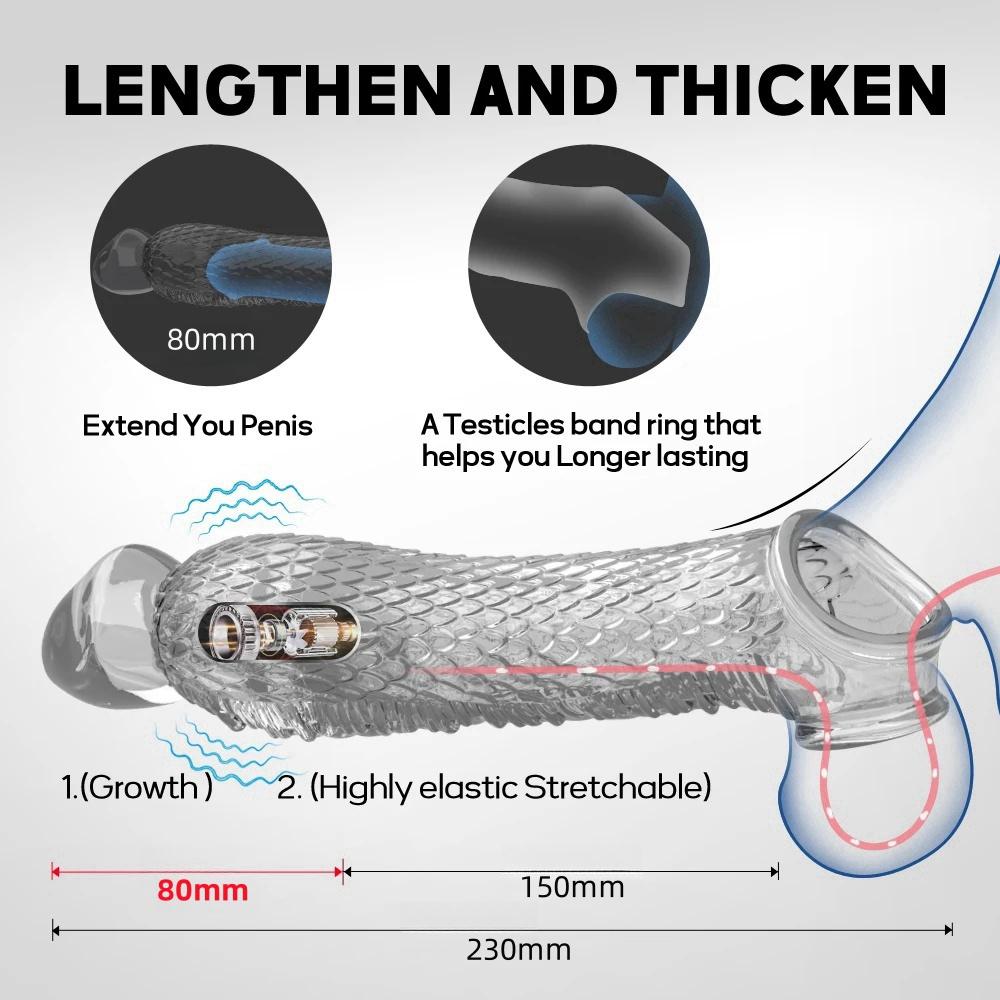 Wiederverwendbares Kondom Penisverlängerungshülse Verzögerung der Ejakulation Penisabdeckung Penis Extender Vibrator Sexspielzeug für Männer Erwachsene Produkte