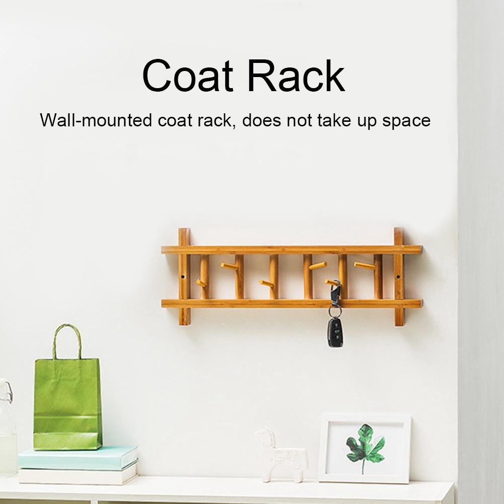6 Hooks Wall Mounted Clothes Coat Hat Hanging Rack Bedroom Wall Hanger OrganizerBamboo Color