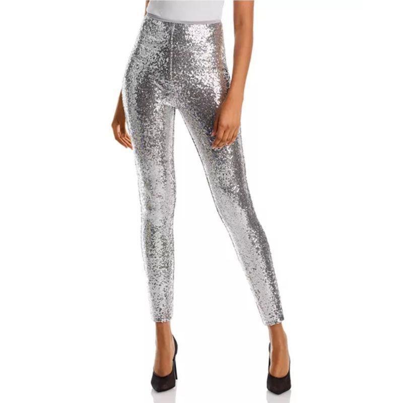 

Export Single AQ Home High Waist Christmas Party Aura Sexy Sequin Shiny Zipper Spat Elastic Waist Pants Female Silver M