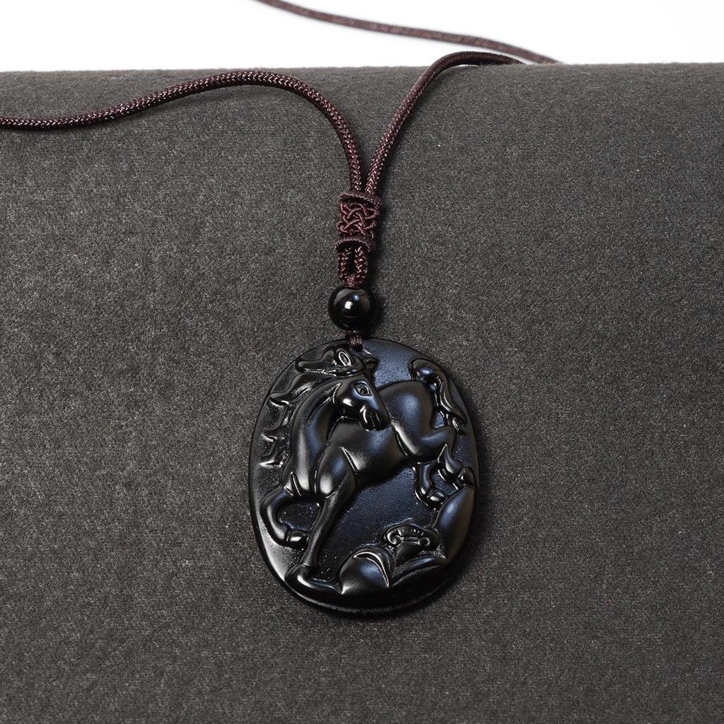 Twelve Zodiac Obsidian Guardian Pendant Necklace - Zodiac Crystal Mahjong Design