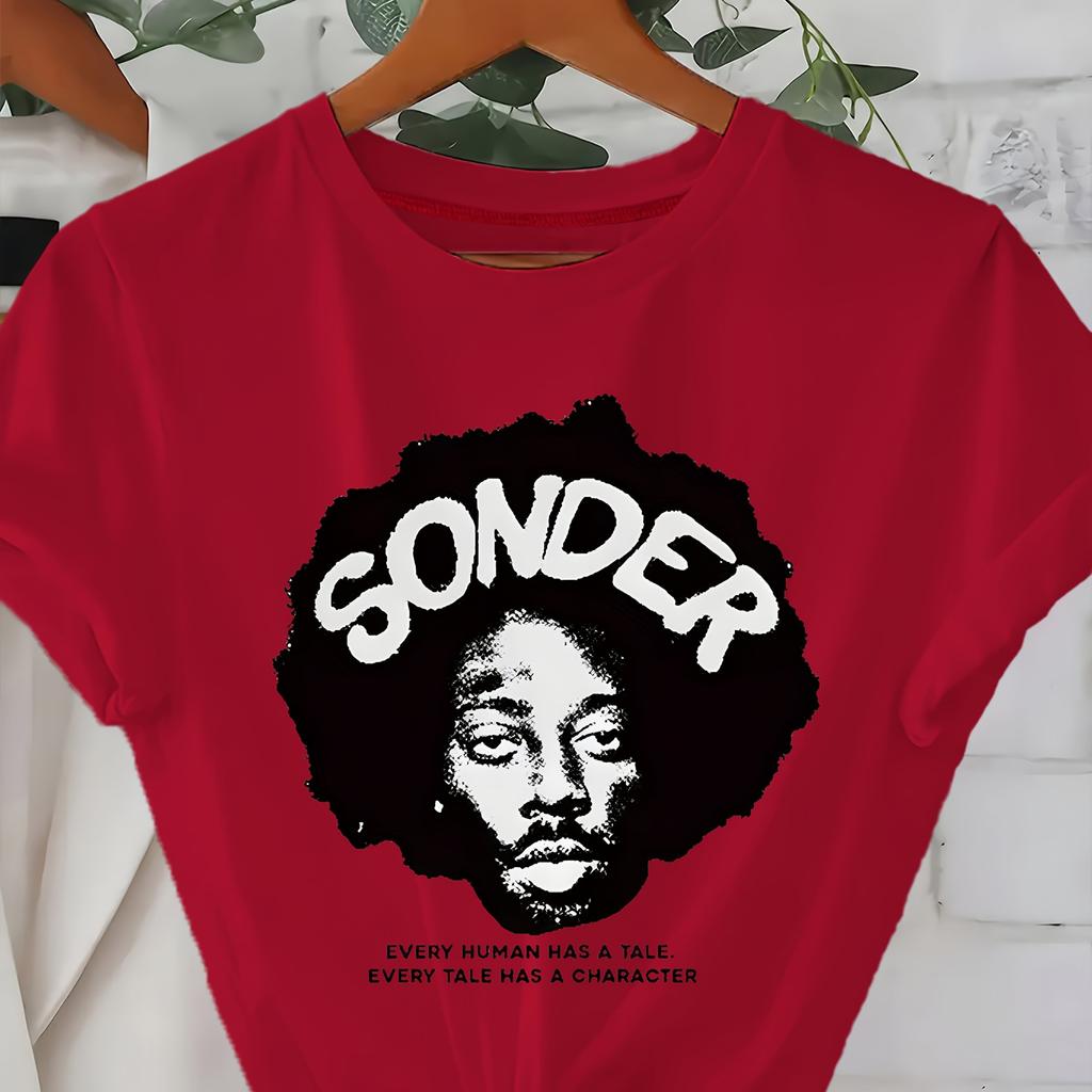 Young Women'S SONDER Art Portrait Printed T-Shirt Uniquely Designed In a Minimalist Style Short-Sleeved for All Seasons