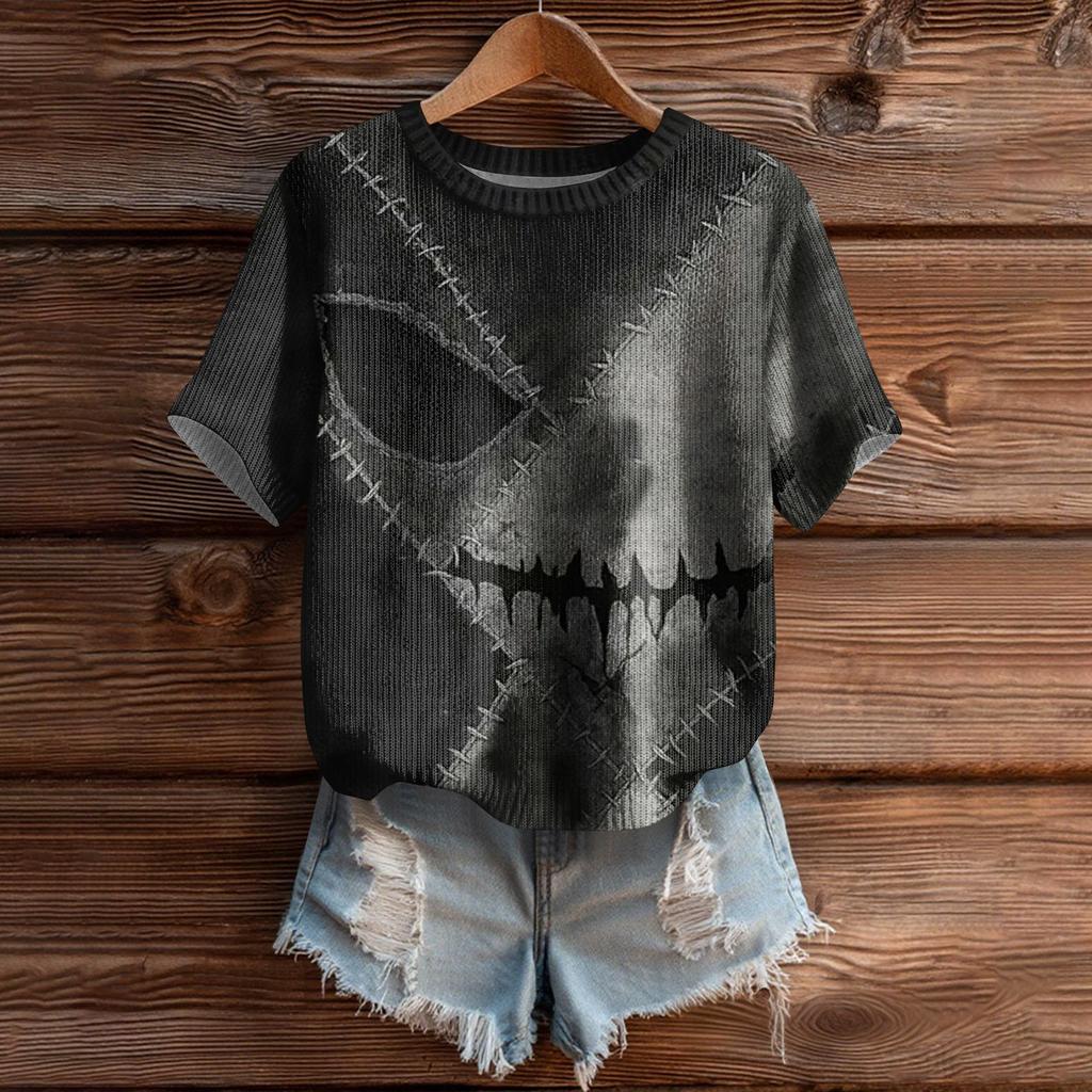 Women's Cute Sweater Knitted Fashion Casual Round-neck Short-sleeved  Cozy Print Top