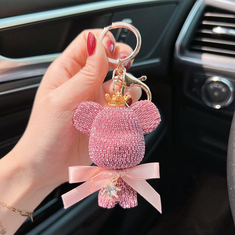 Stylish Diamond Crown Bear Keychain with Ribbon - Charming Doll Accessory and Elegant Gift