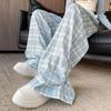 Korean Style Lace Trim Loose Wide Leg Pants for Women Spring/Summer Blue Plaid Long Pants Lazy Slim Casual Pants