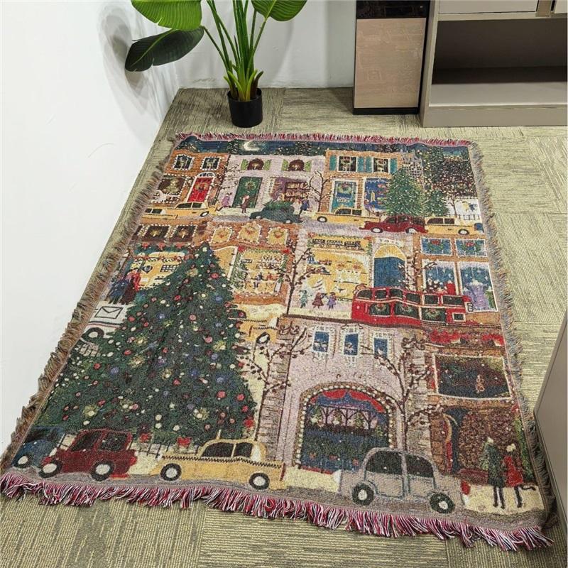 Retro Cartoon Sofa Blanket Cotton Throw Warm Christmas Living Room Couch Towel Soft Cozy Sofa Cover Decorative Blanket