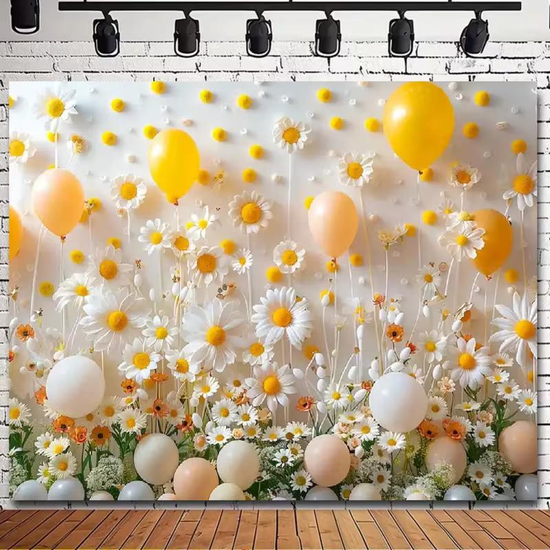 Lebendiger Gänseblümchen- und Ballon-Hintergrund Gelbe Weiße Blumenszene Fotografie Hintergrundtuch