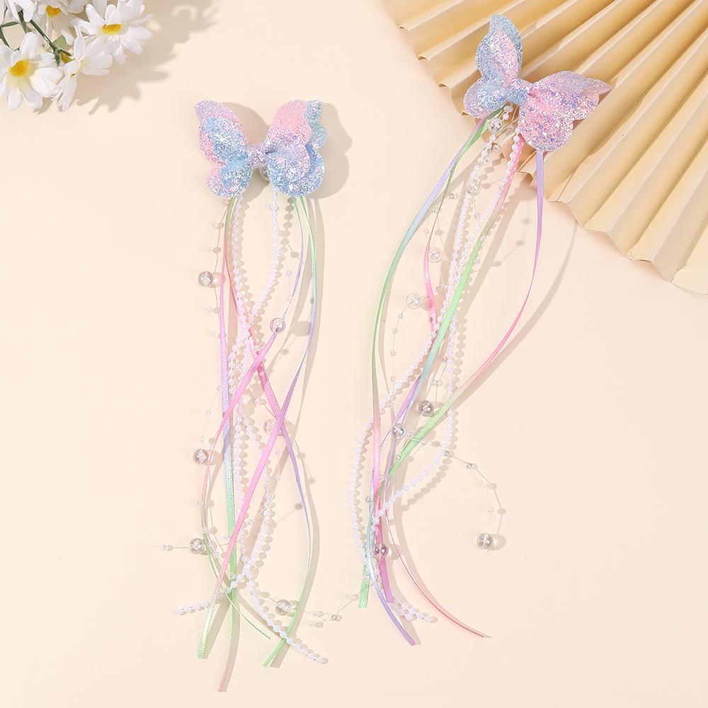 2Pcs Glitter Butterfly Bow Hair Clips Rainbow Butterfly With Sweet Long Pearls Tassels Barrtte Princess Hair Accessories Gifts