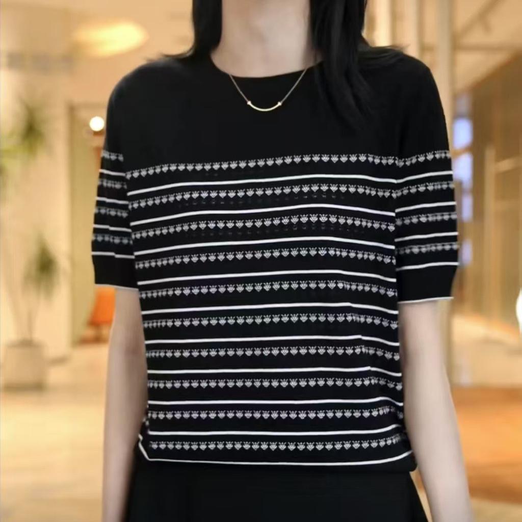 Women's Striped Knitted Shirt Ice Silk Short Sleeve T-shirt Summer Loose Top