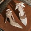 2024 Spring And Summer New White Pointy High Heels Ladies Thin Heel Single Shoes Butterfly Wedding Shoes Small Bride Shoes