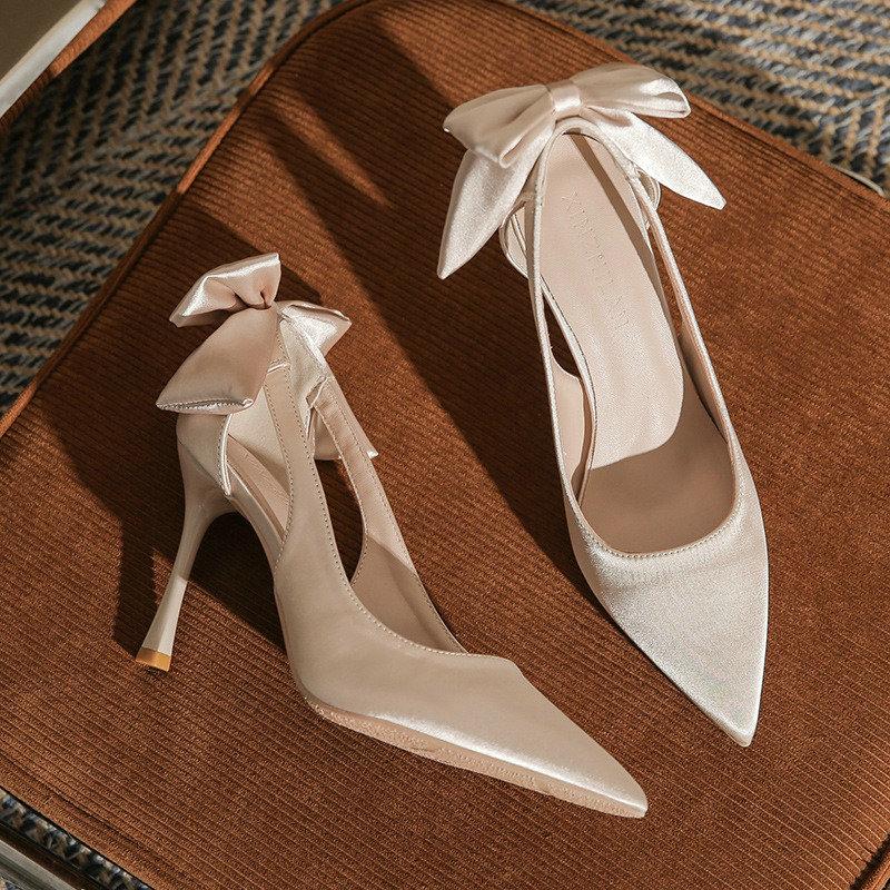 2024 Spring And Summer New White Pointy High Heels Ladies Thin Heel Single Shoes Butterfly Wedding Shoes Small Bride Shoes