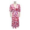 Damen Sommer V-Ausschnitt Maxikleid Lässiges Boho Blumenmuster Lange Kleider Kurze Puffärmel Fließendes Strandkleid Hochzeitsgästekleid