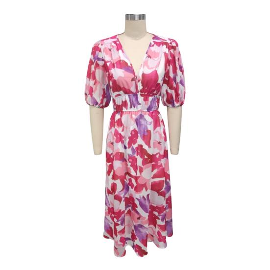 Damen Sommer V-Ausschnitt Maxikleid Lässiges Boho Blumenmuster Lange Kleider Kurze Puffärmel Fließendes Strandkleid Hochzeitsgästekleid