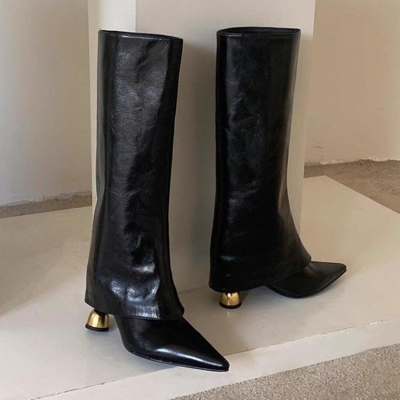 New Large-sized Long Boot Women's Shoes with Different Heels and Pointed Tips Are Worn Outside