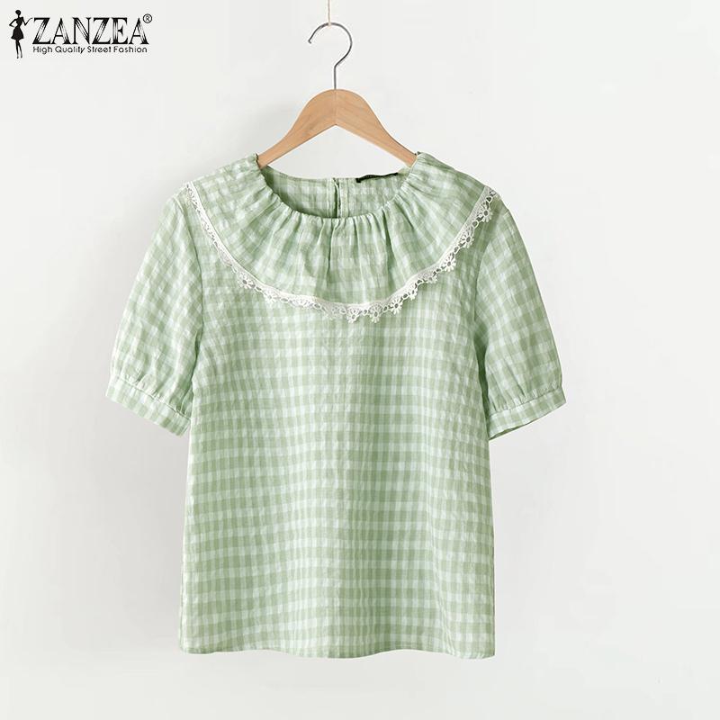 

ZANZEA Женская повседневная блузка с коротким рукавом и круглым вырезом в клетку S розовый