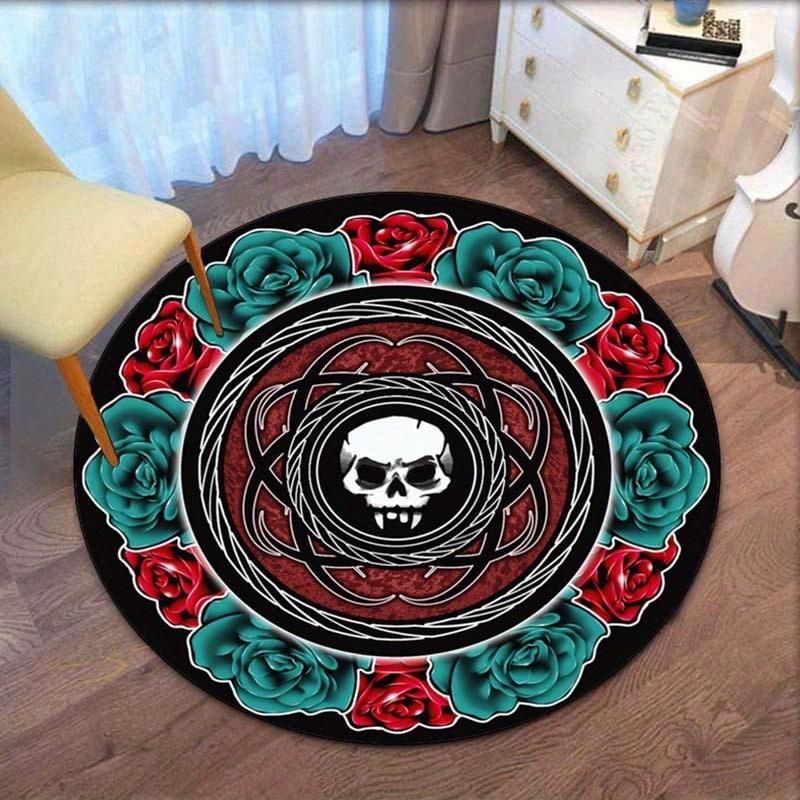 Round Crystal Velvet Rug Skull Rose Gothic Pattern Black Red Green Floor Mat Home Decor Living Room Bedroom Carpet Dark Art