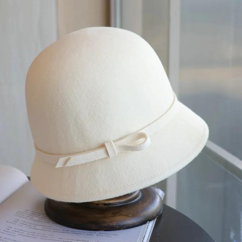 Elegant Women Felt Dome Bucket Hat Vintage Bowknot Fedoras Hats Autumn Winter Ladies Imitation Woolen Bowler Cap