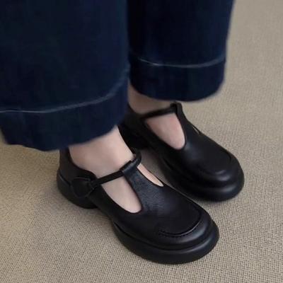 2025 Nové francouzské boty na jednom místě s kulatou špičkou, vysoké podpatky, silné kožené boty s tlustou podrážkou, retro boty Mary Jane