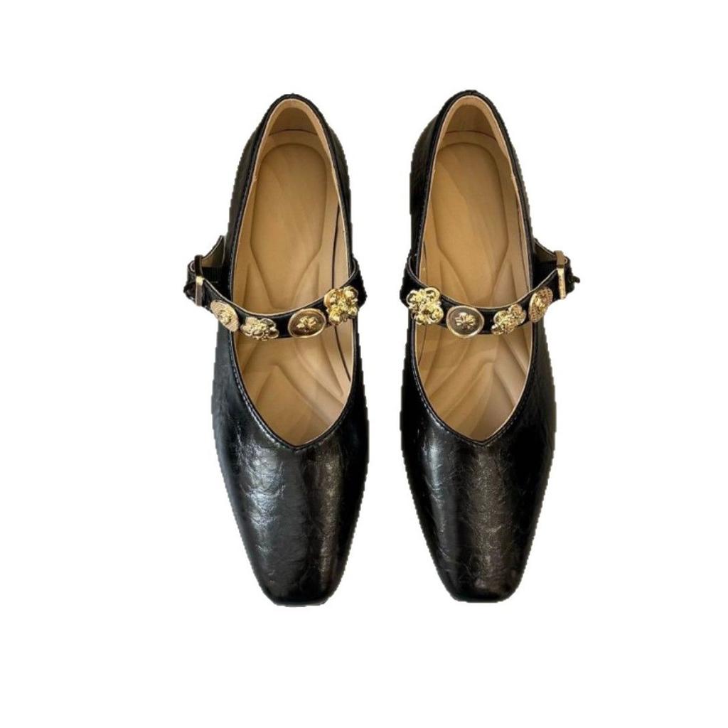 French round head thick heel flat bottom shallow mouth single shoes women's spring and autumn 2025 new versatile one-word buckle with Mary Jane