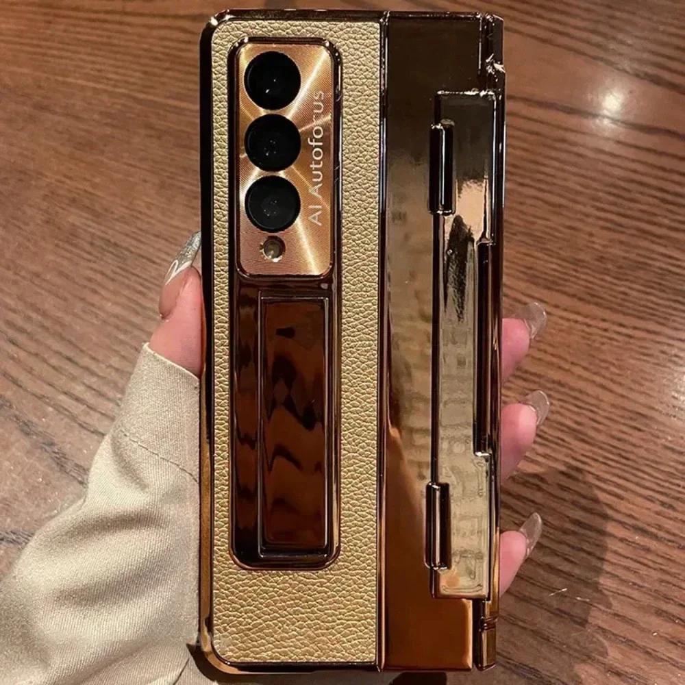 With Screen Protector Leather Case for Samsung Galaxy Z Fold 6 5 4 3 5G One-Piece Plating Stand Shockproof Cover Gold