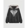 Womens Gothic Style Hooded Zip-Up Sweatshirt With Cross Wing Print Fleece Lined Collar Fall Winter Streetwear